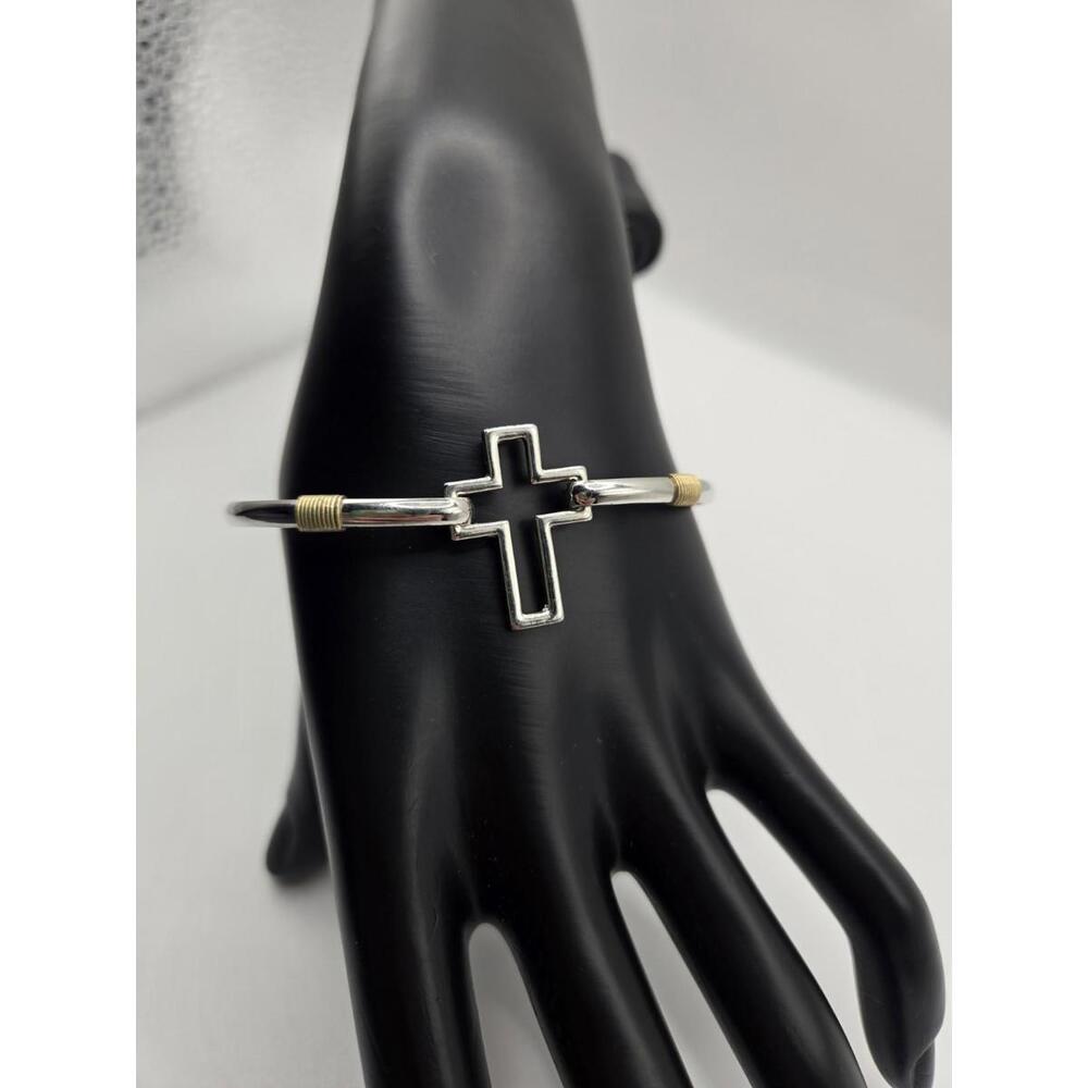 Vintage Snap On Cross Bracelet Two Tone Religious Jewelry Silver Gold Tone Metal